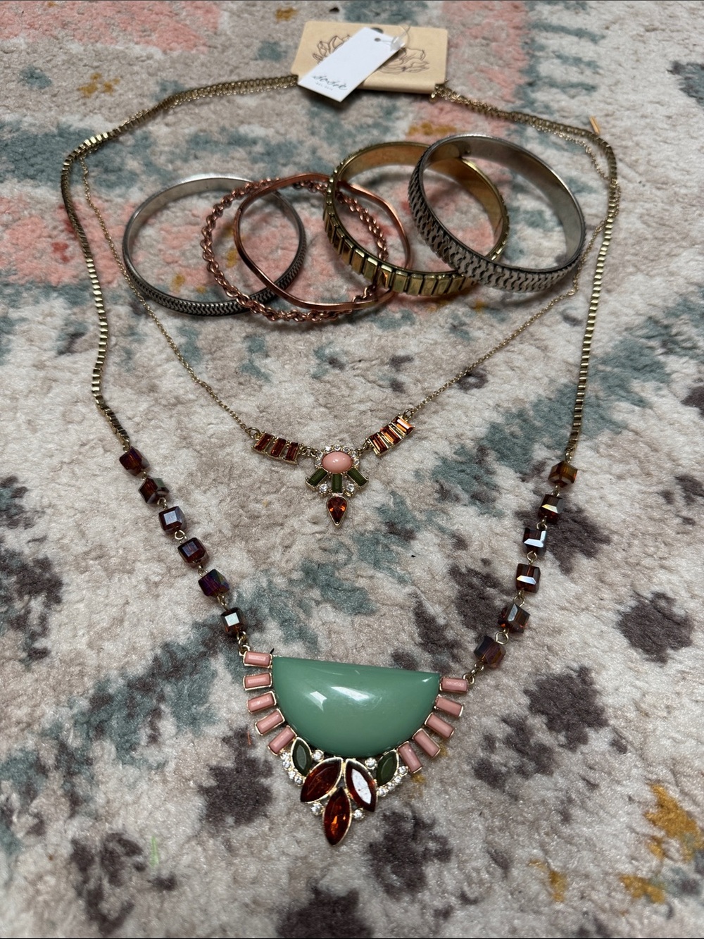 Gold-Tone Necklace with Green and Pink Gem Accents